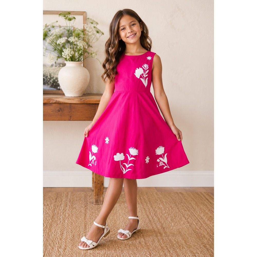 EPK Pink White Floral Embroidered Cotton Dress Girl 10Y Cottage Whimsical Preppy